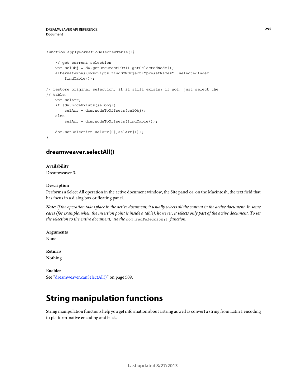 Dreamweaver.selectall(), String manipulation functions | Adobe Dreamweaver API Reference CS5 User Manual | Page 300 / 533