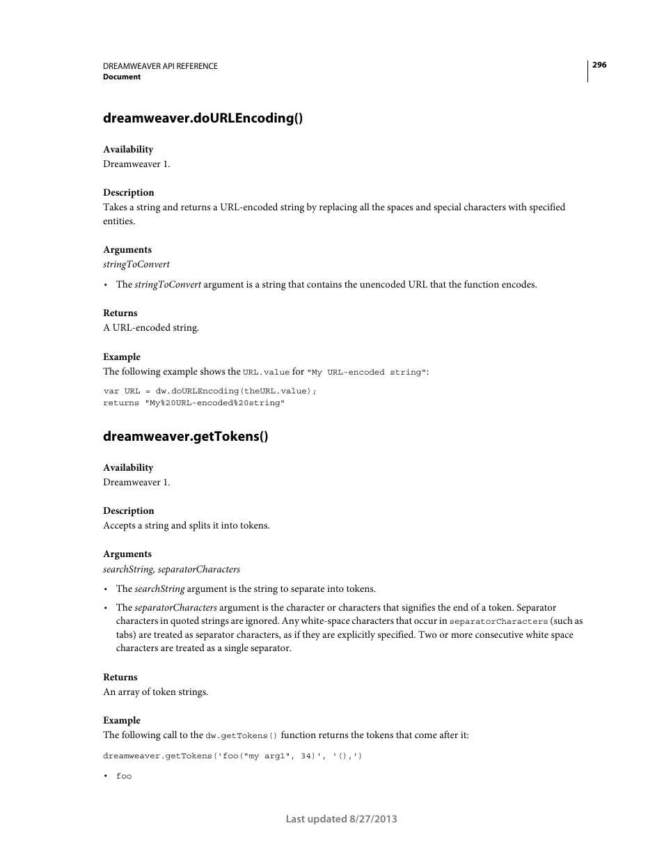 Dreamweaver.dourlencoding(), Dreamweaver.gettokens() | Adobe Dreamweaver API Reference CS5 User Manual | Page 301 / 533
