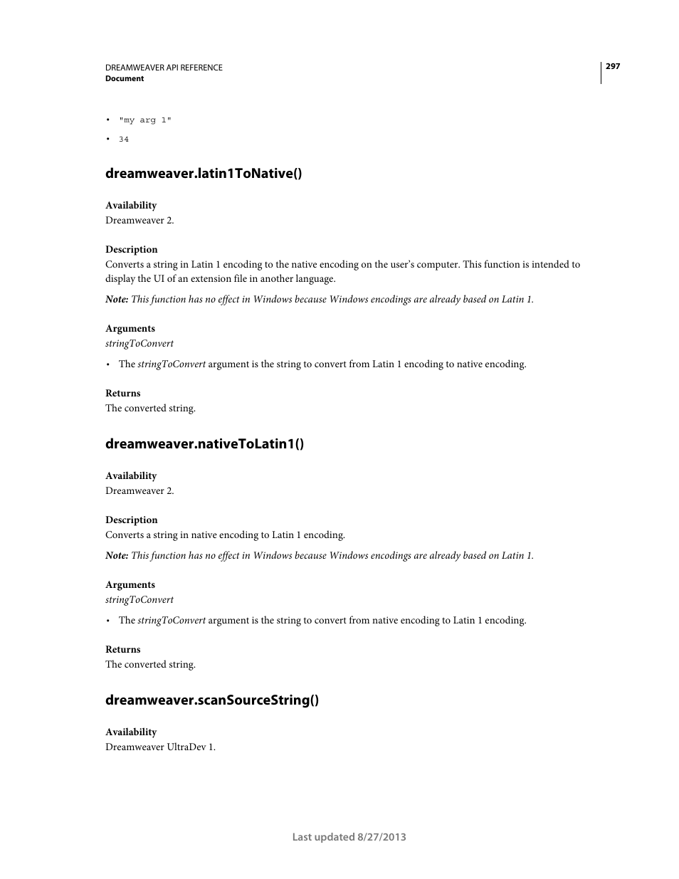 Dreamweaver.latin1tonative(), Dreamweaver.nativetolatin1(), Dreamweaver.scansourcestring() | Adobe Dreamweaver API Reference CS5 User Manual | Page 302 / 533