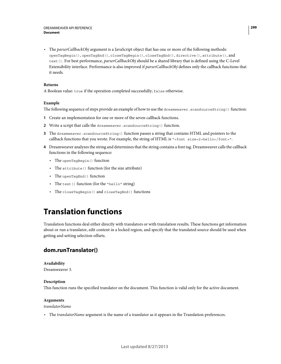 Translation functions, Dom.runtranslator() | Adobe Dreamweaver API Reference CS5 User Manual | Page 304 / 533