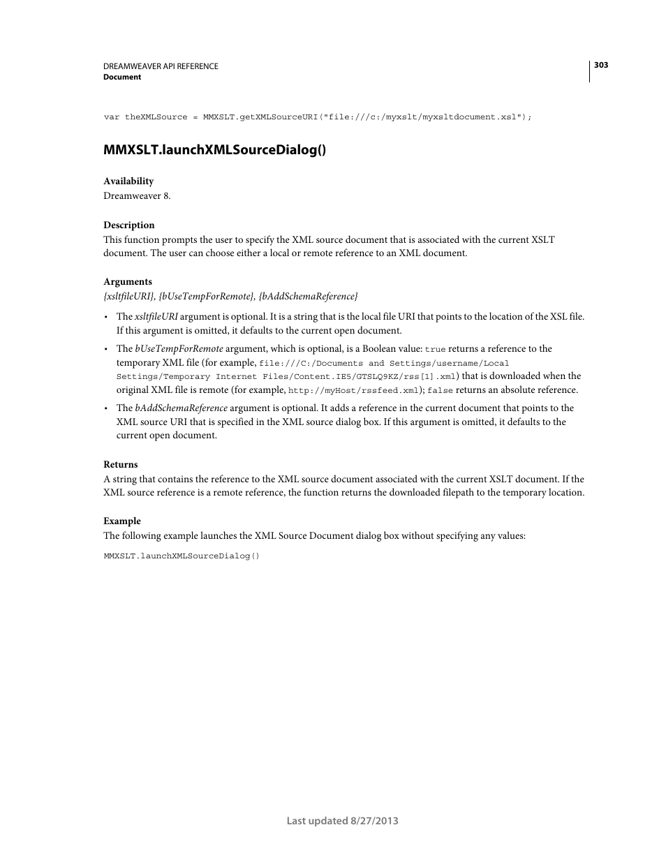 Mmxslt.launchxmlsourcedialog() | Adobe Dreamweaver API Reference CS5 User Manual | Page 308 / 533