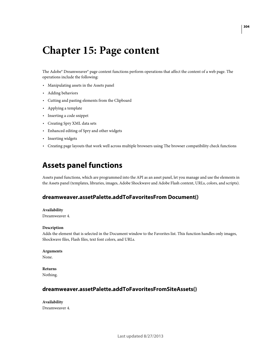 Assets panel functions, Chapter 15: page content | Adobe Dreamweaver API Reference CS5 User Manual | Page 309 / 533