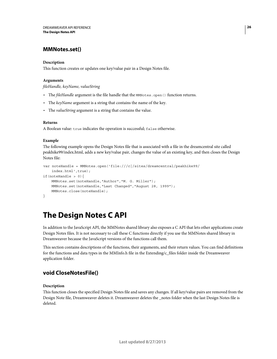 Mmnotes.set(), The design notes c api, Void closenotesfile() | Adobe Dreamweaver API Reference CS5 User Manual | Page 31 / 533
