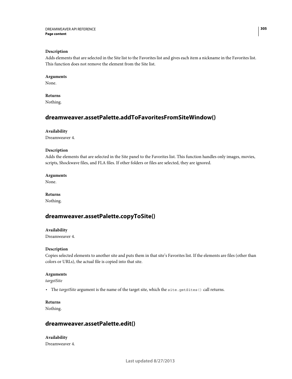 Dreamweaver.assetpalette.copytosite(), Dreamweaver.assetpalette.edit() | Adobe Dreamweaver API Reference CS5 User Manual | Page 310 / 533