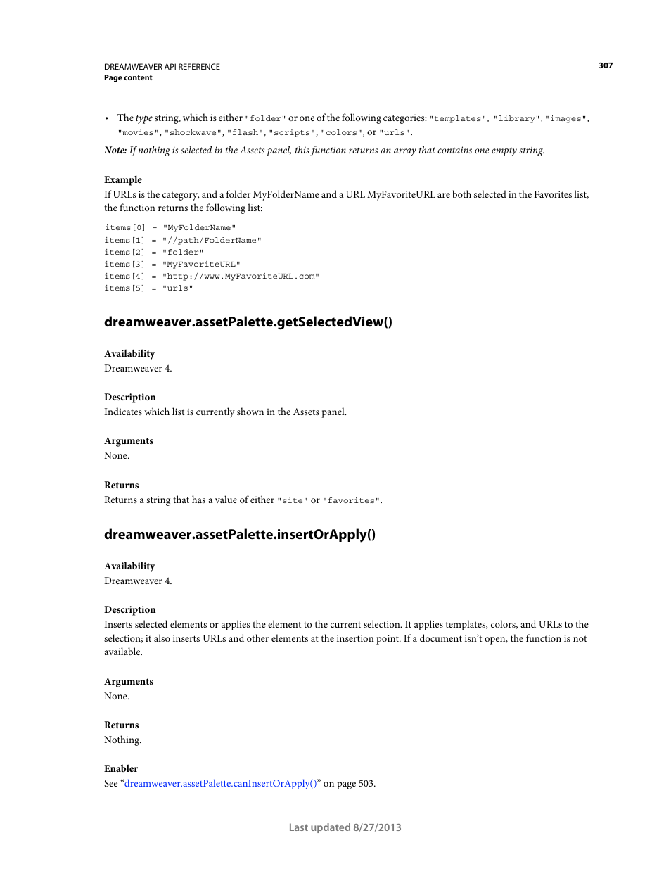 Dreamweaver.assetpalette.getselectedview(), Dreamweaver.assetpalette.insertorapply() | Adobe Dreamweaver API Reference CS5 User Manual | Page 312 / 533