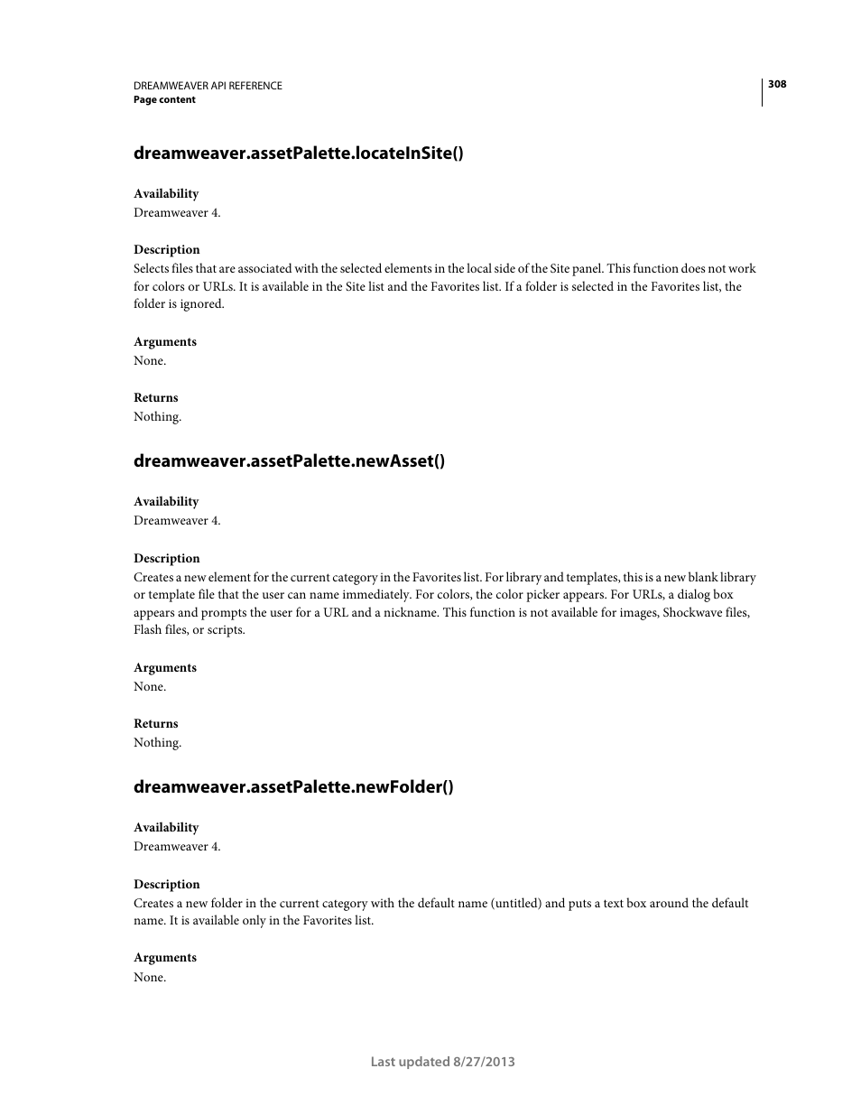 Dreamweaver.assetpalette.locateinsite(), Dreamweaver.assetpalette.newasset(), Dreamweaver.assetpalette.newfolder() | Adobe Dreamweaver API Reference CS5 User Manual | Page 313 / 533