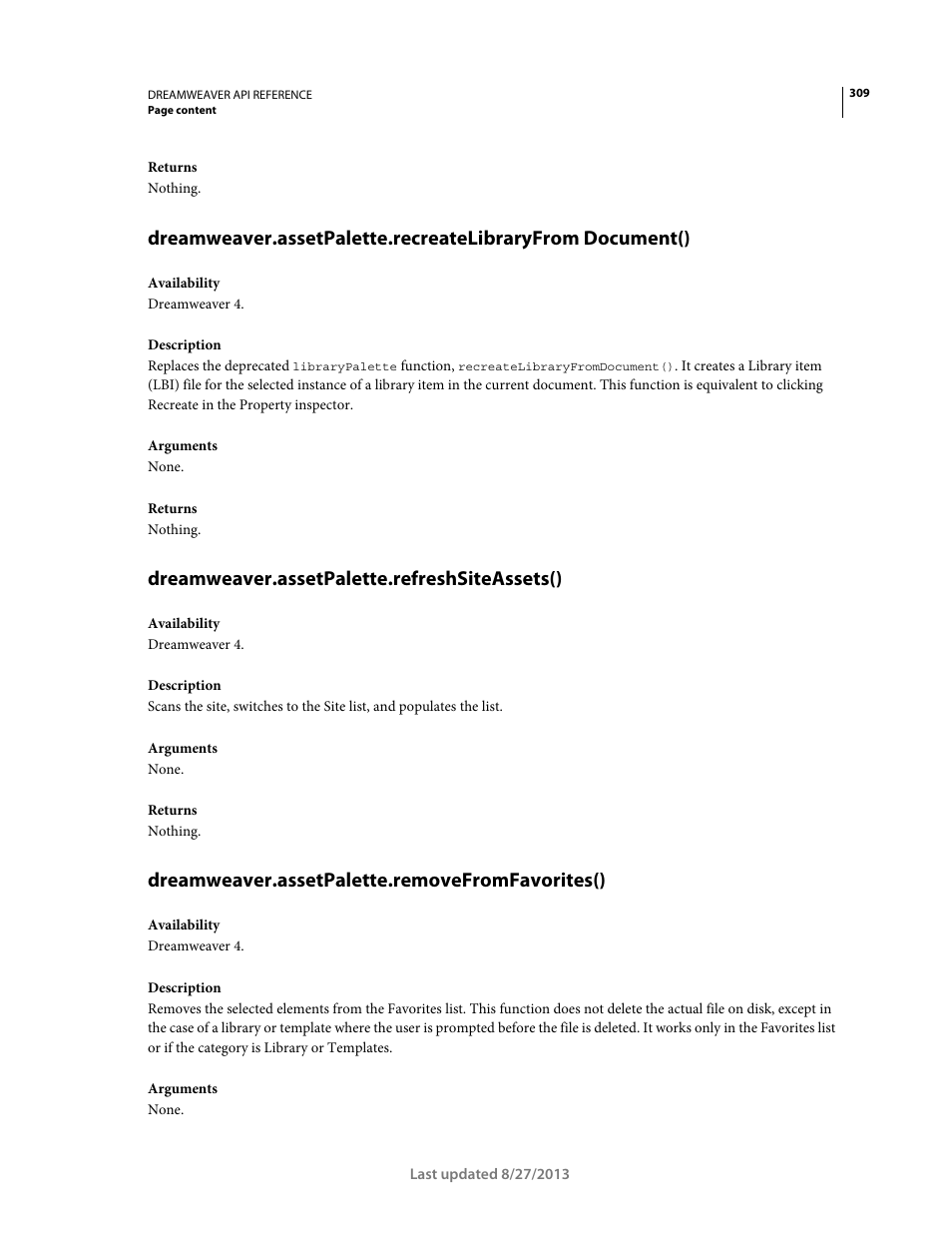 Dreamweaver.assetpalette.refreshsiteassets(), Dreamweaver.assetpalette.removefromfavorites() | Adobe Dreamweaver API Reference CS5 User Manual | Page 314 / 533