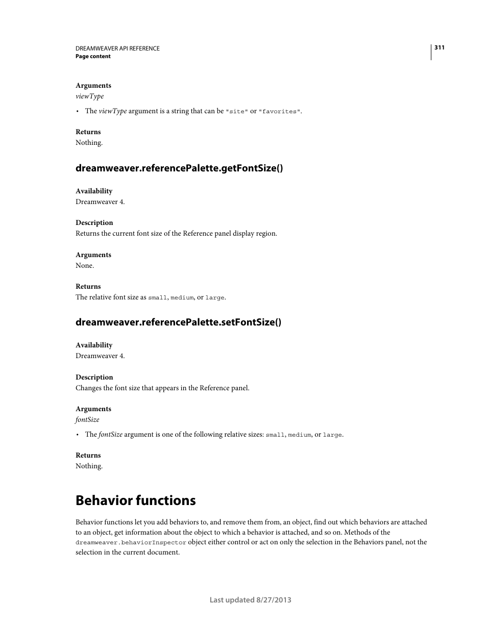 Dreamweaver.referencepalette.getfontsize(), Dreamweaver.referencepalette.setfontsize(), Behavior functions | Adobe Dreamweaver API Reference CS5 User Manual | Page 316 / 533