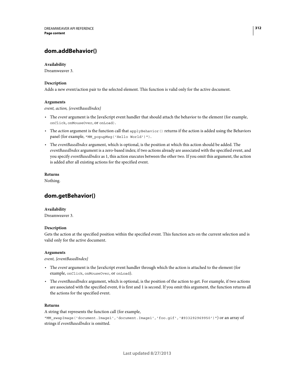 Dom.addbehavior(), Dom.getbehavior() | Adobe Dreamweaver API Reference CS5 User Manual | Page 317 / 533