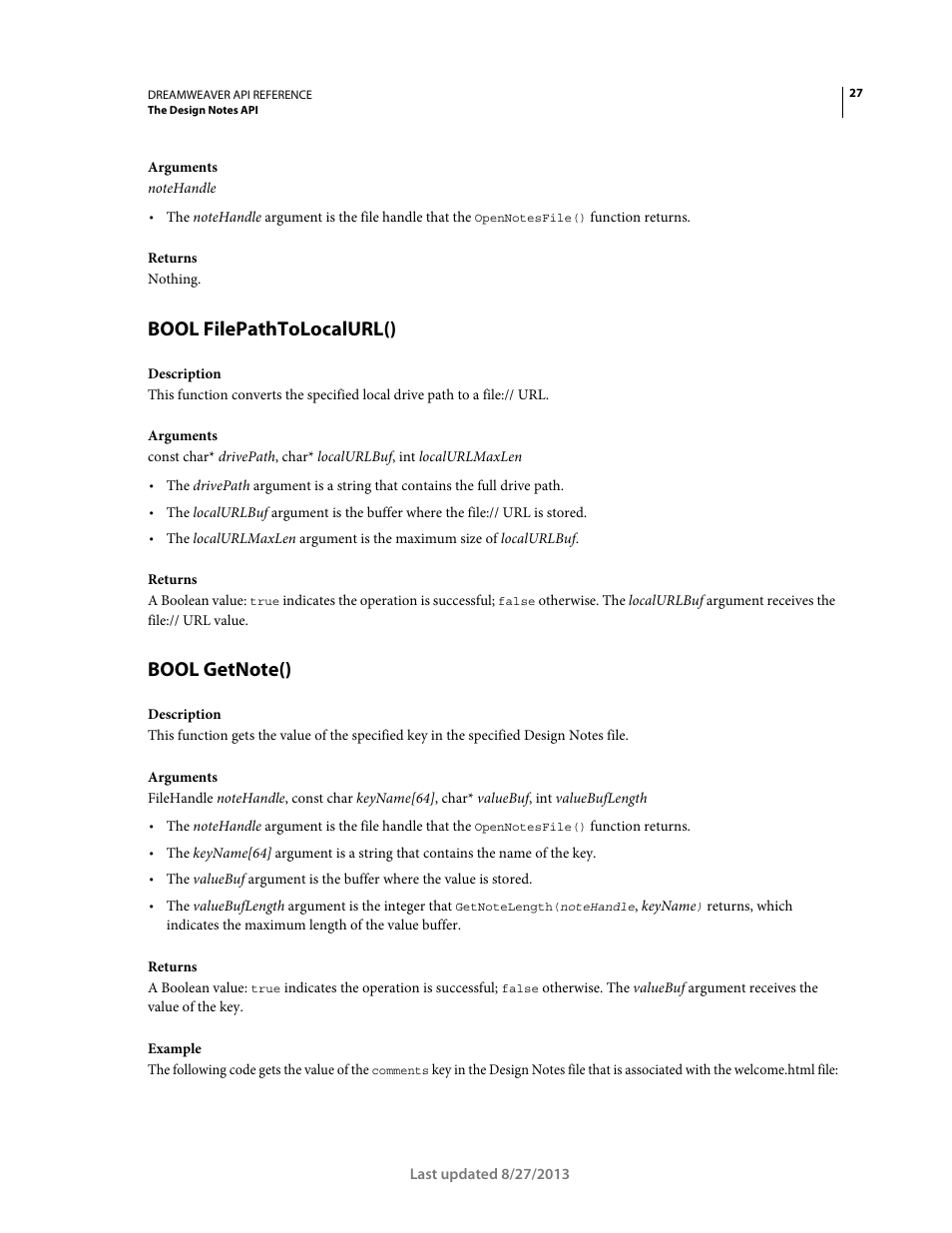 Bool filepathtolocalurl(), Bool getnote() | Adobe Dreamweaver API Reference CS5 User Manual | Page 32 / 533