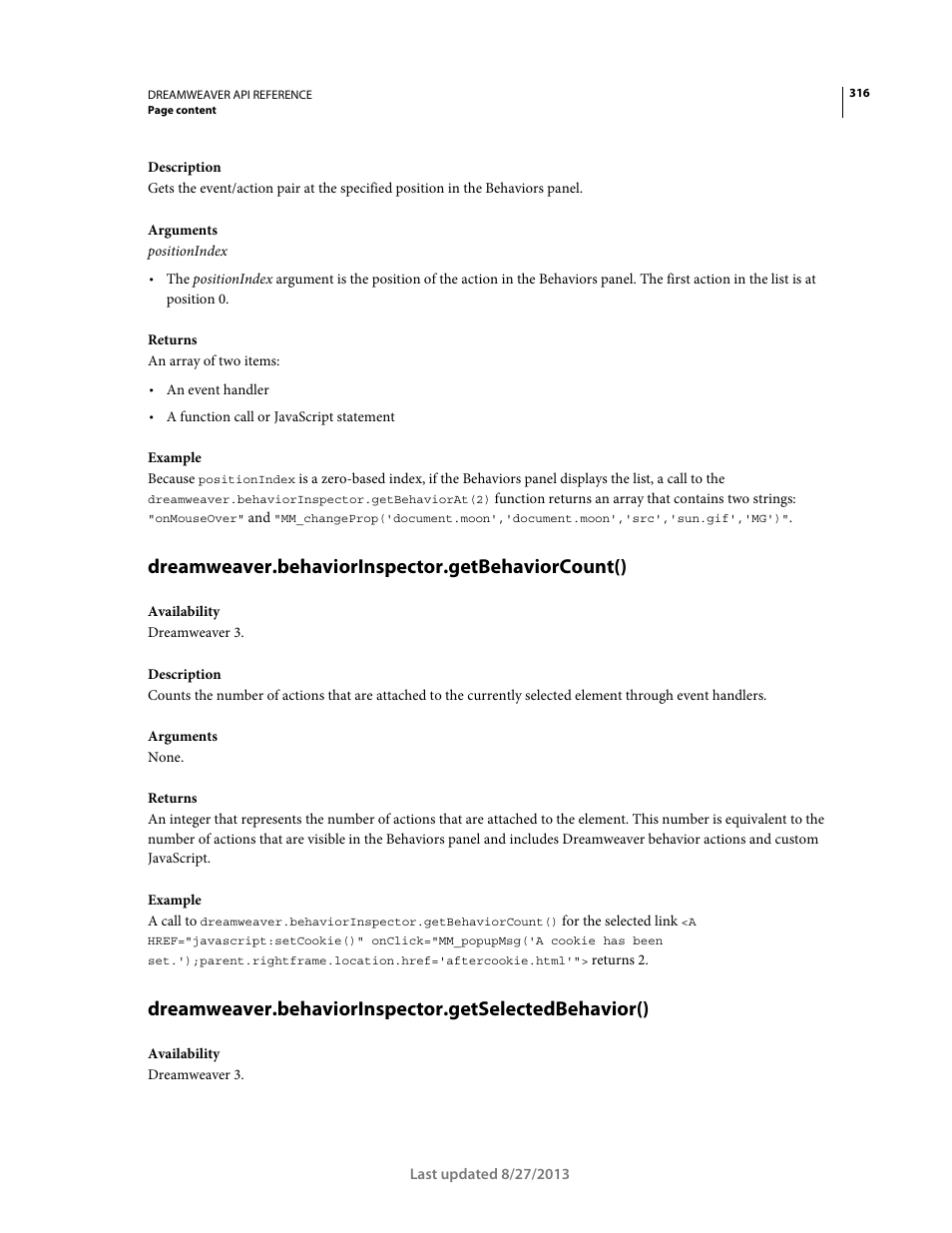 Dreamweaver.behaviorinspector.getbehaviorcount() | Adobe Dreamweaver API Reference CS5 User Manual | Page 321 / 533