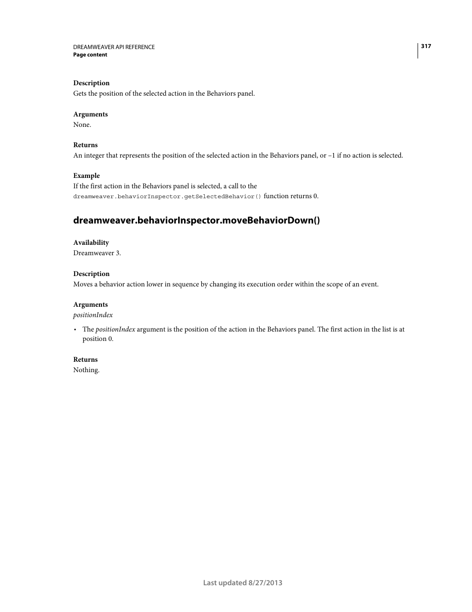 Dreamweaver.behaviorinspector.movebehaviordown() | Adobe Dreamweaver API Reference CS5 User Manual | Page 322 / 533