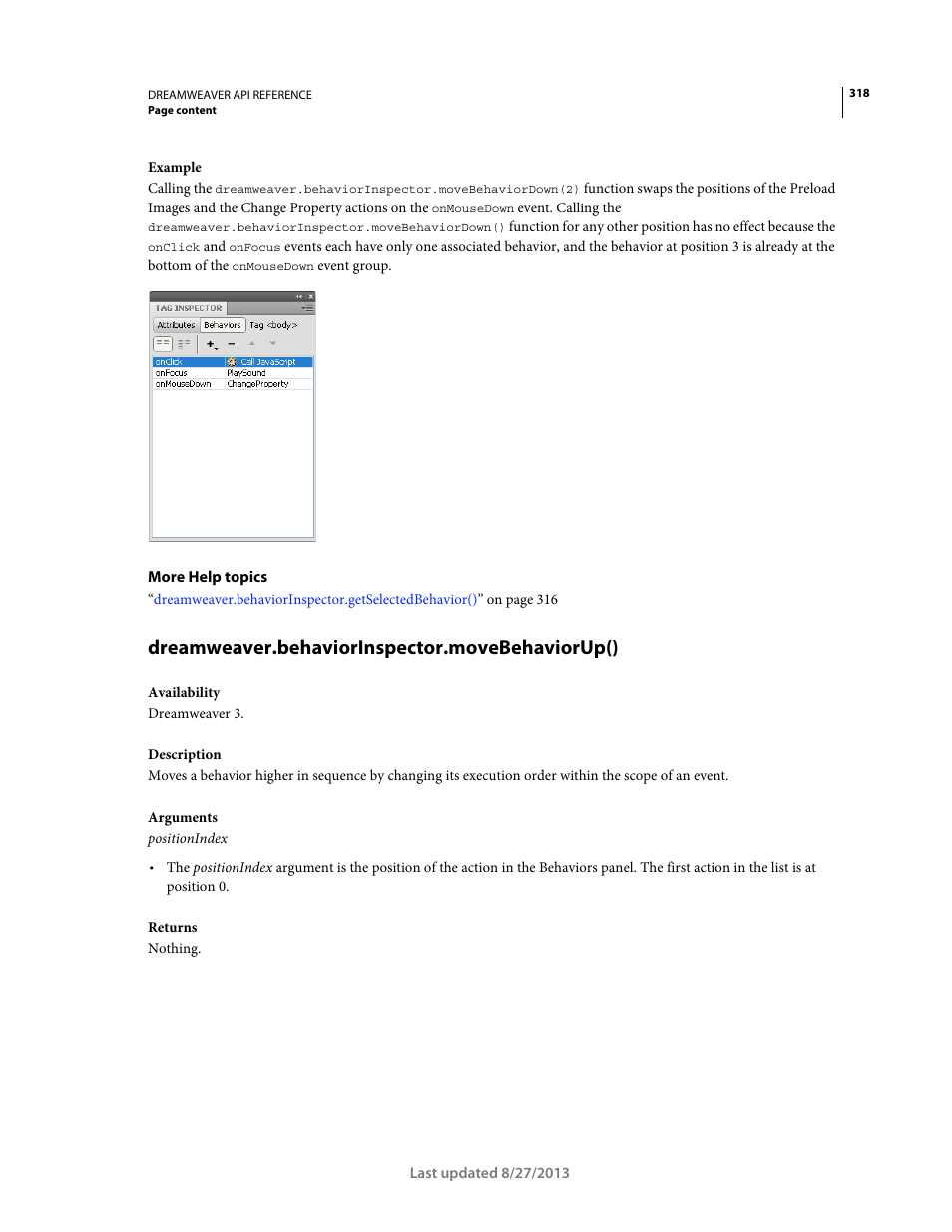 Dreamweaver.behaviorinspector.movebehaviorup() | Adobe Dreamweaver API Reference CS5 User Manual | Page 323 / 533