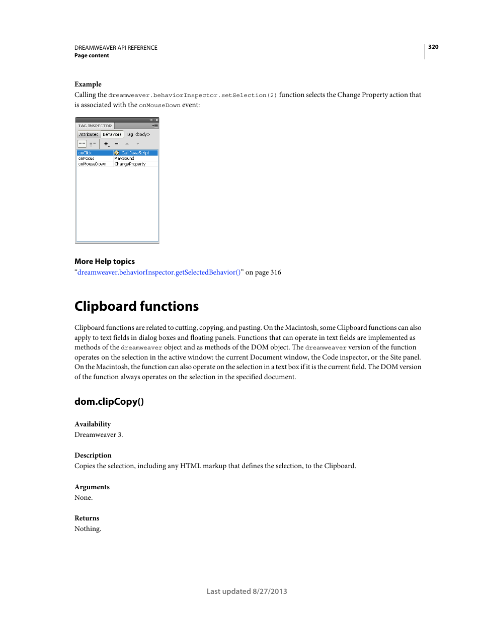 Clipboard functions, Dom.clipcopy() | Adobe Dreamweaver API Reference CS5 User Manual | Page 325 / 533