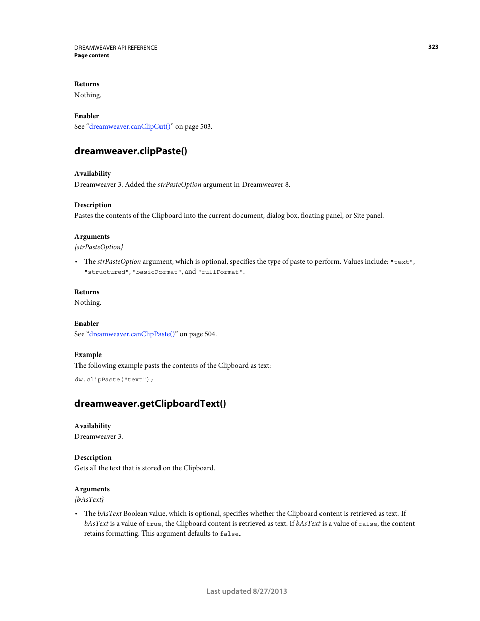 Dreamweaver.clippaste(), Dreamweaver.getclipboardtext() | Adobe Dreamweaver API Reference CS5 User Manual | Page 328 / 533