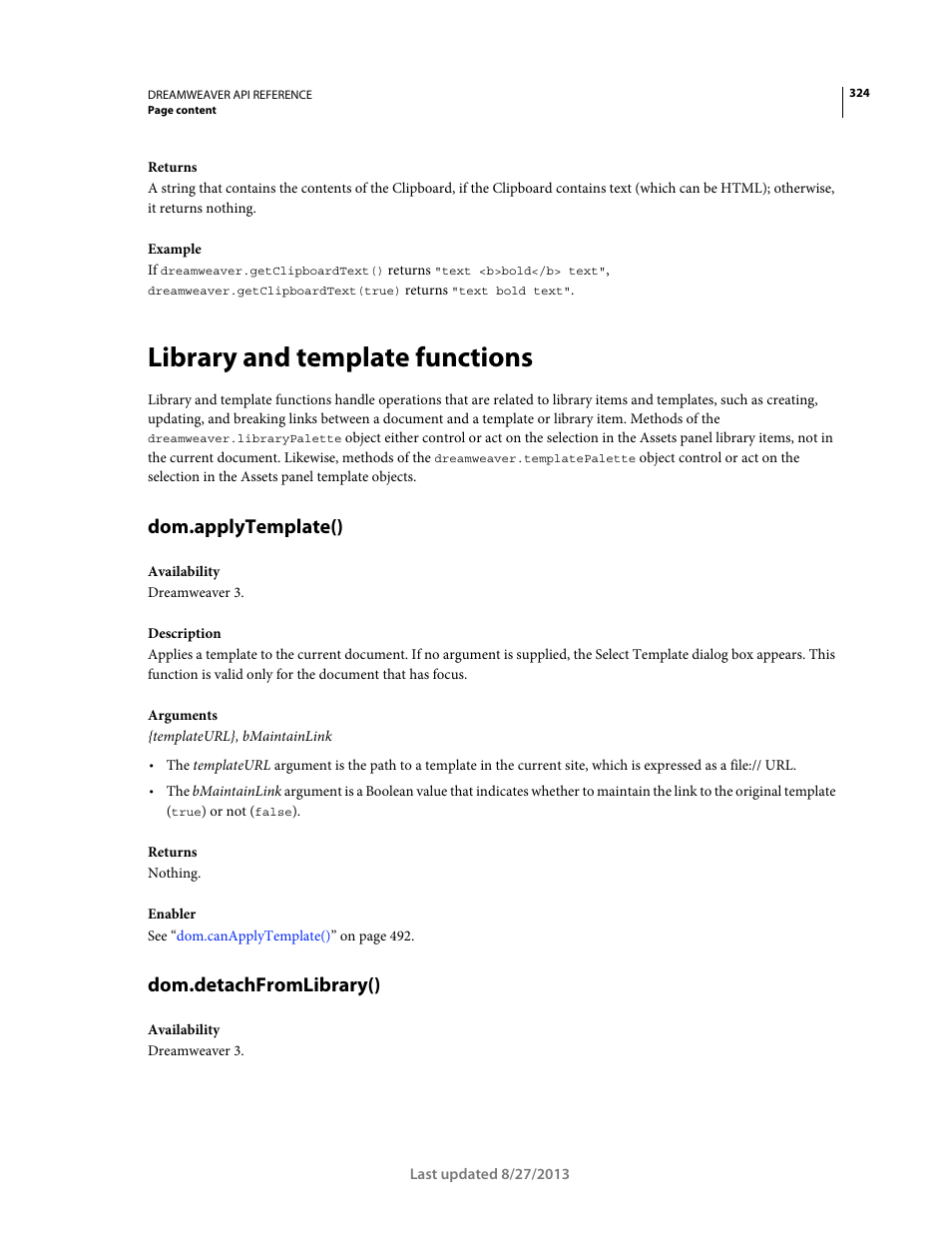 Library and template functions, Dom.applytemplate(), Dom.detachfromlibrary() | Adobe Dreamweaver API Reference CS5 User Manual | Page 329 / 533