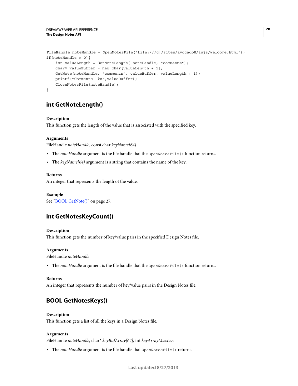 Int getnotelength(), Int getnoteskeycount(), Bool getnoteskeys() | Adobe Dreamweaver API Reference CS5 User Manual | Page 33 / 533