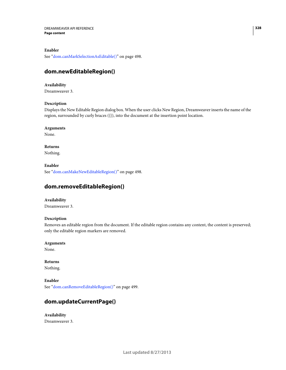 Dom.neweditableregion(), Dom.removeeditableregion(), Dom.updatecurrentpage() | Adobe Dreamweaver API Reference CS5 User Manual | Page 333 / 533