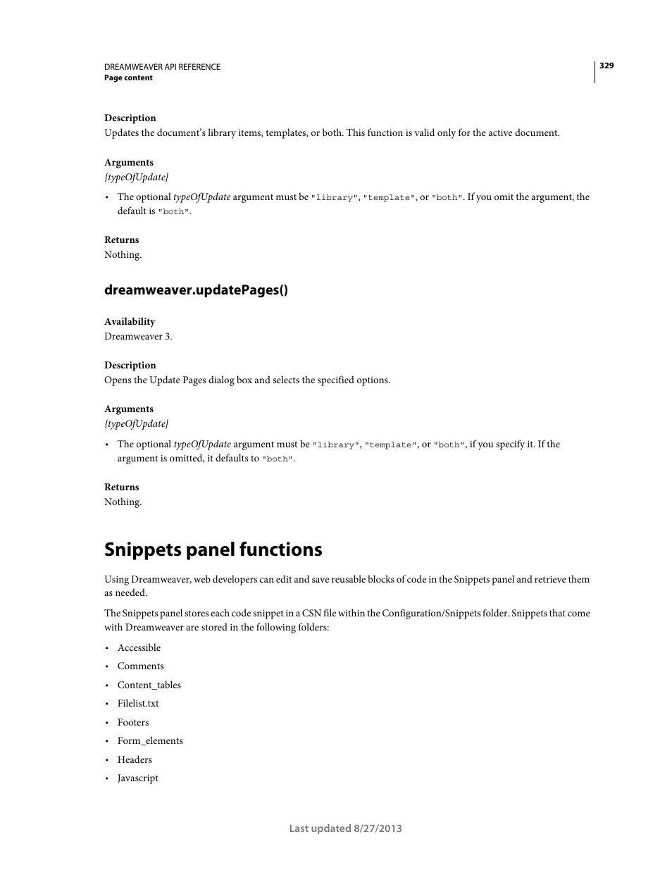 Snippets panel functions, Dreamweaver.updatepages() | Adobe Dreamweaver API Reference CS5 User Manual | Page 334 / 533