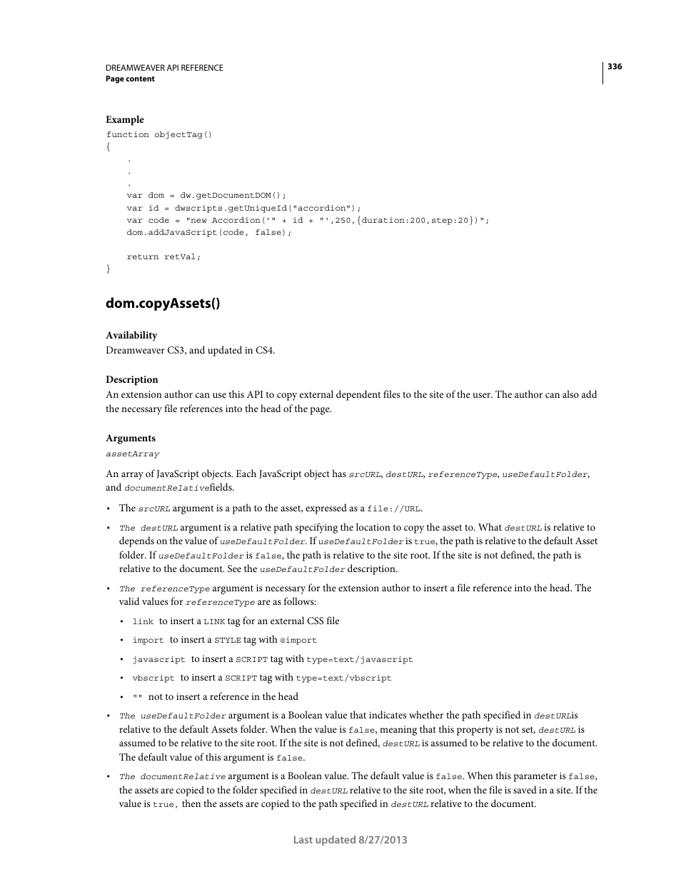 Dom.copyassets() | Adobe Dreamweaver API Reference CS5 User Manual | Page 341 / 533
