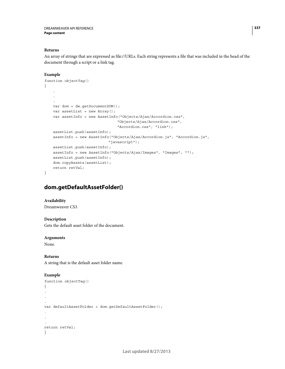 Dom.getdefaultassetfolder() | Adobe Dreamweaver API Reference CS5 User Manual | Page 342 / 533