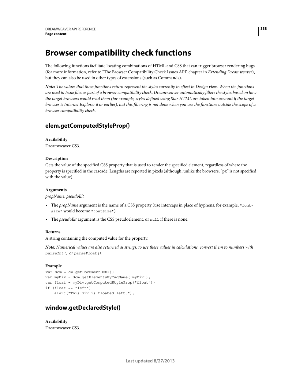 Browser compatibility check functions, Elem.getcomputedstyleprop(), Window.getdeclaredstyle() | Adobe Dreamweaver API Reference CS5 User Manual | Page 343 / 533