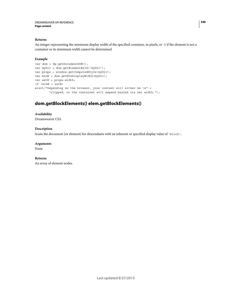 Dom.getblockelements() elem.getblockelements() | Adobe Dreamweaver API Reference CS5 User Manual | Page 345 / 533
