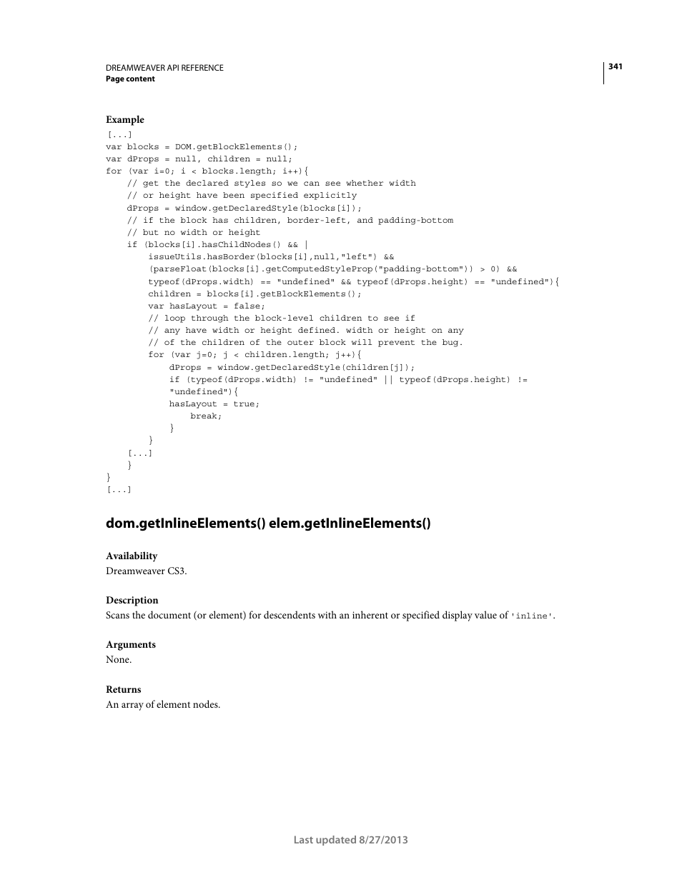 Dom.getinlineelements() elem.getinlineelements() | Adobe Dreamweaver API Reference CS5 User Manual | Page 346 / 533