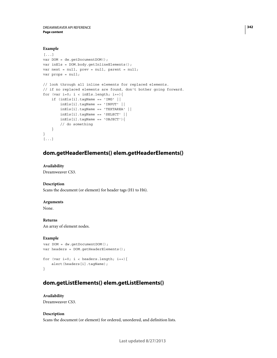 Dom.getheaderelements() elem.getheaderelements(), Dom.getlistelements() elem.getlistelements() | Adobe Dreamweaver API Reference CS5 User Manual | Page 347 / 533