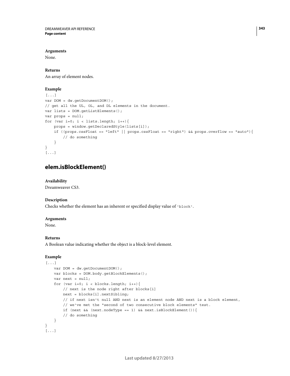 Elem.isblockelement() | Adobe Dreamweaver API Reference CS5 User Manual | Page 348 / 533
