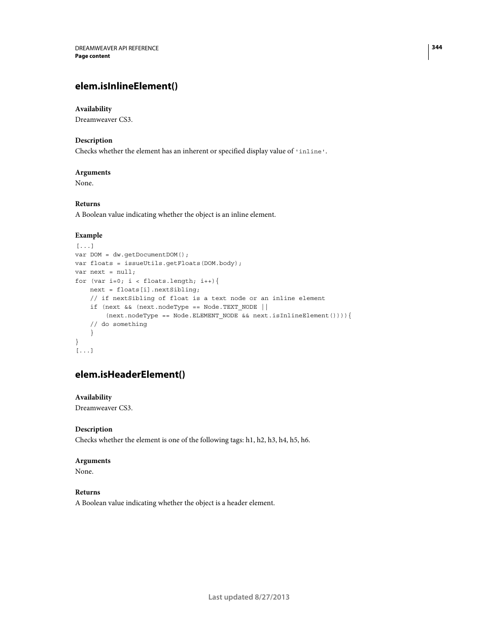 Elem.isinlineelement(), Elem.isheaderelement() | Adobe Dreamweaver API Reference CS5 User Manual | Page 349 / 533