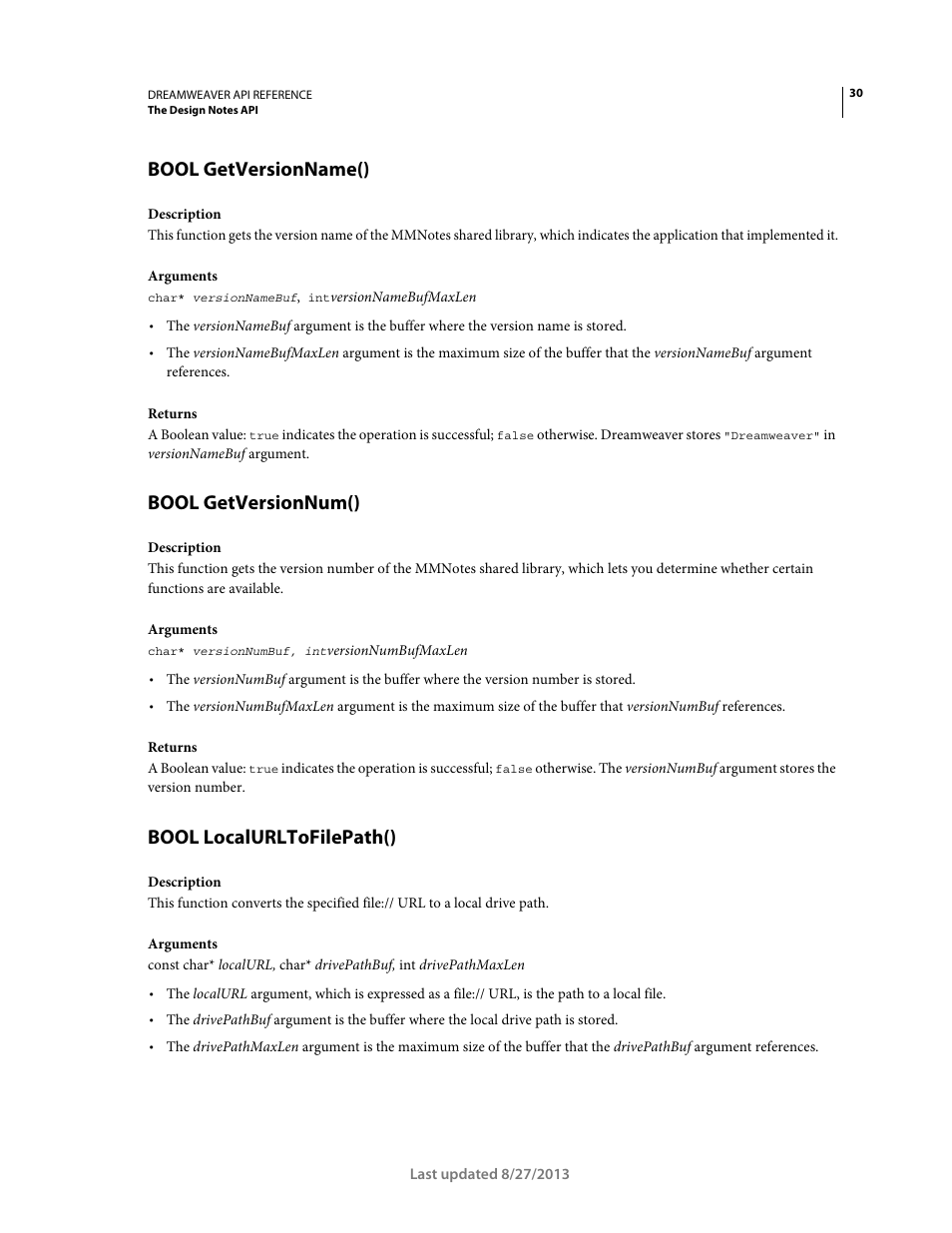 Bool getversionname(), Bool getversionnum(), Bool localurltofilepath() | Adobe Dreamweaver API Reference CS5 User Manual | Page 35 / 533