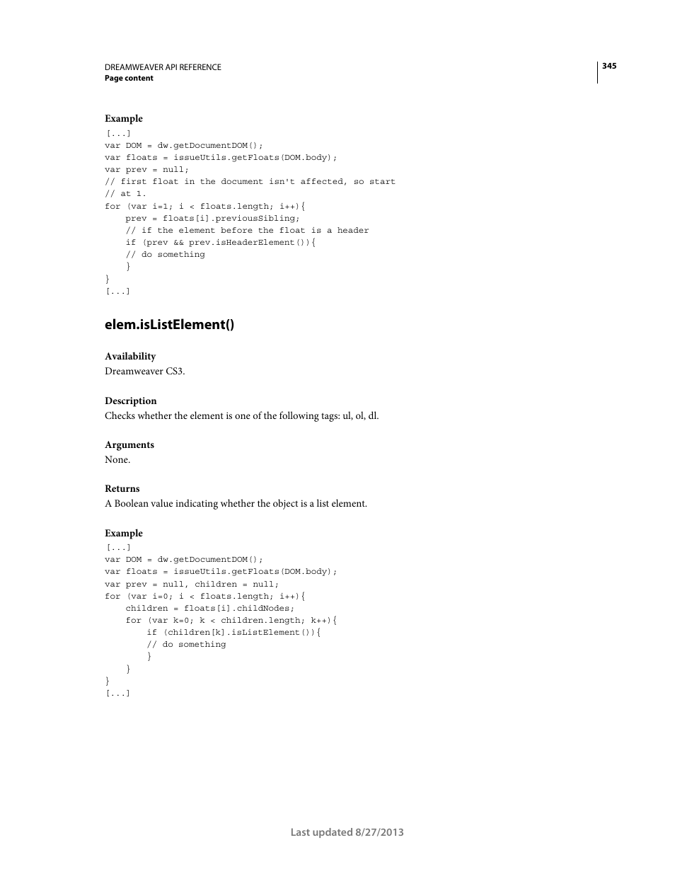 Elem.islistelement() | Adobe Dreamweaver API Reference CS5 User Manual | Page 350 / 533