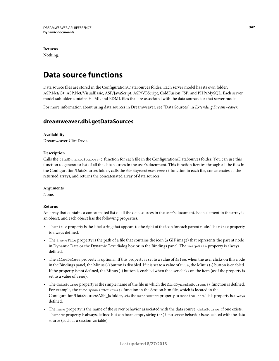 Data source functions, Dreamweaver.dbi.getdatasources | Adobe Dreamweaver API Reference CS5 User Manual | Page 352 / 533