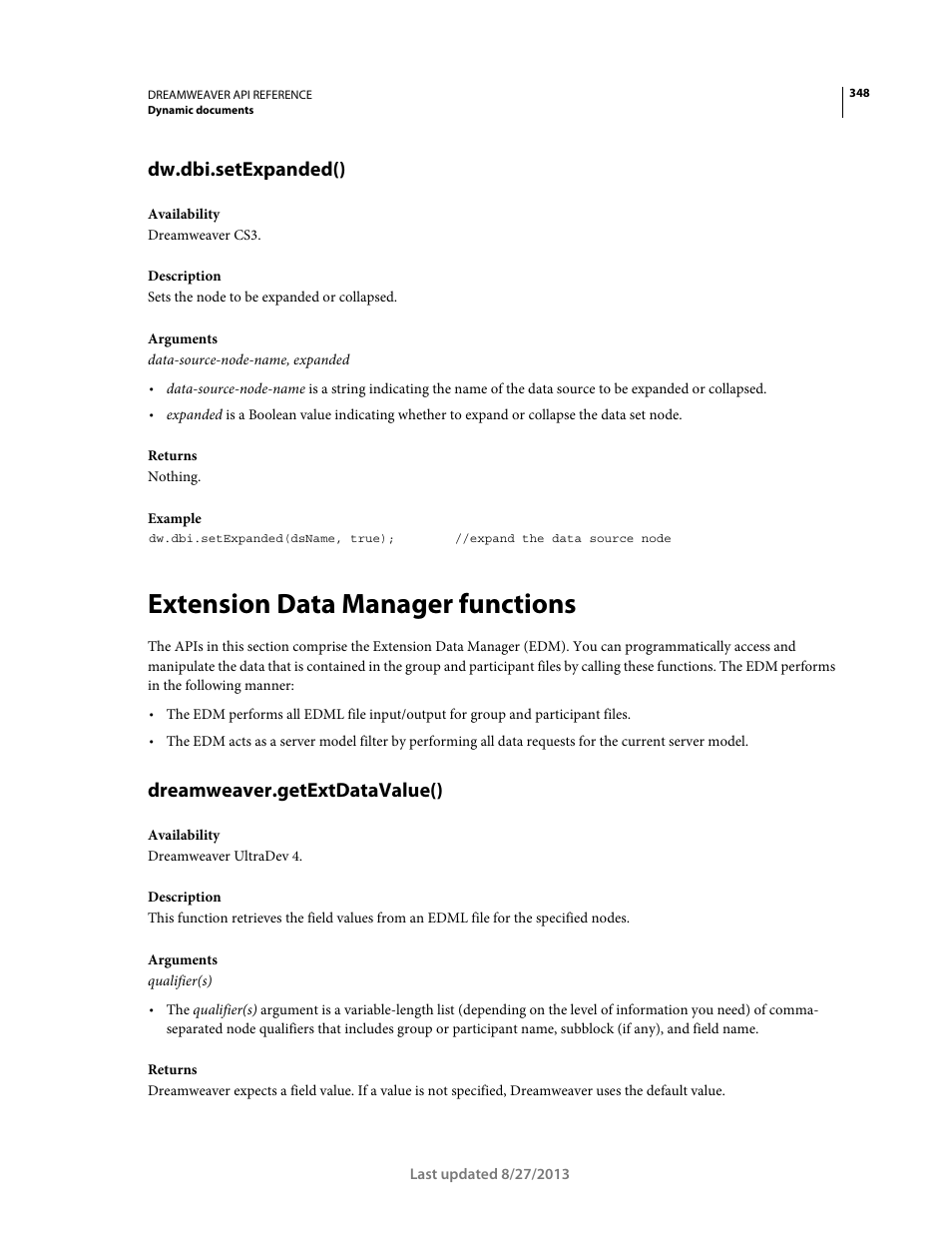 Dw.dbi.setexpanded(), Extension data manager functions, Dreamweaver.getextdatavalue() | Adobe Dreamweaver API Reference CS5 User Manual | Page 353 / 533