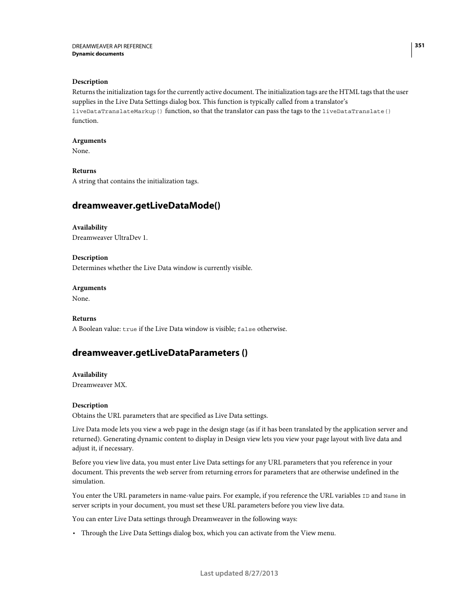 Dreamweaver.getlivedatamode(), Dreamweaver.getlivedataparameters () | Adobe Dreamweaver API Reference CS5 User Manual | Page 356 / 533