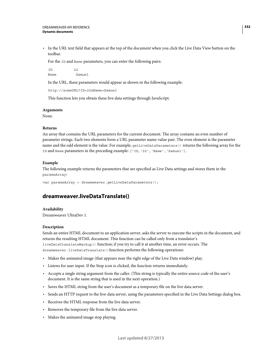 Dreamweaver.livedatatranslate() | Adobe Dreamweaver API Reference CS5 User Manual | Page 357 / 533