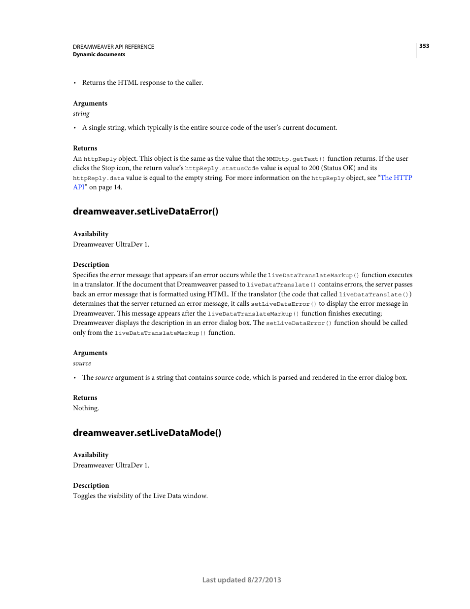 Dreamweaver.setlivedataerror(), Dreamweaver.setlivedatamode() | Adobe Dreamweaver API Reference CS5 User Manual | Page 358 / 533