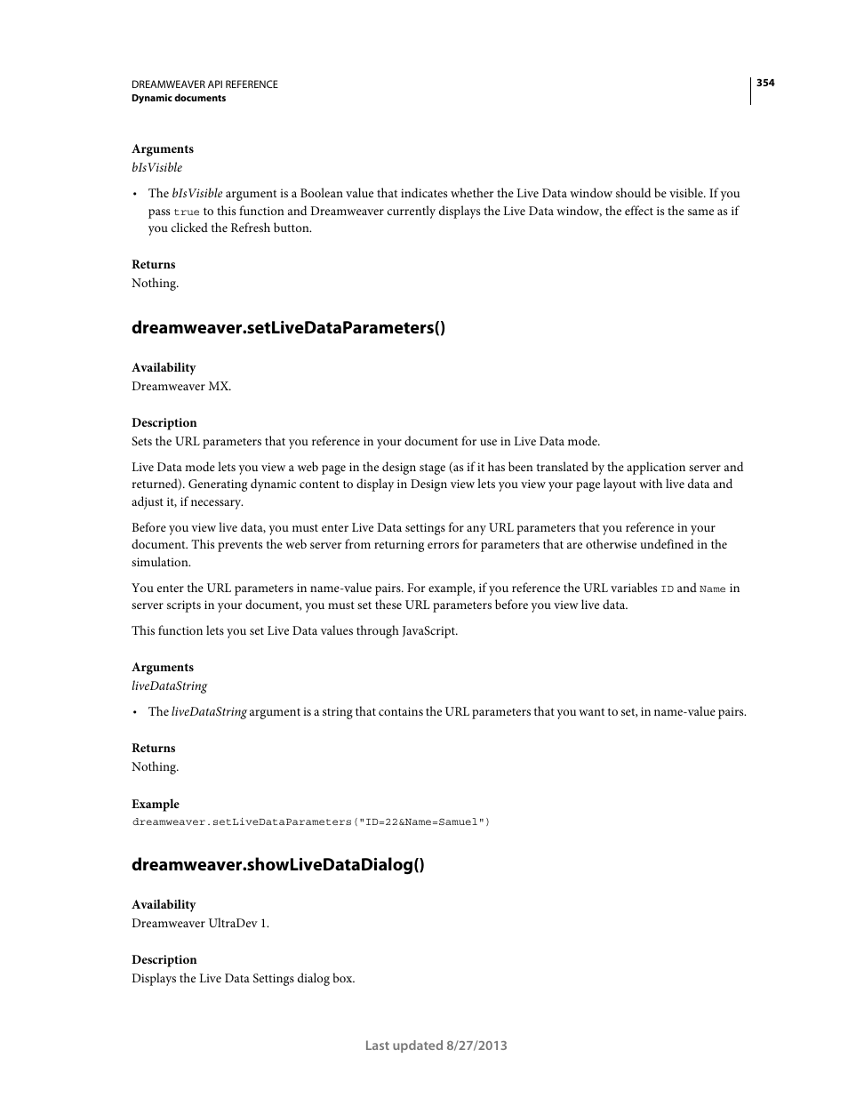 Dreamweaver.setlivedataparameters(), Dreamweaver.showlivedatadialog() | Adobe Dreamweaver API Reference CS5 User Manual | Page 359 / 533