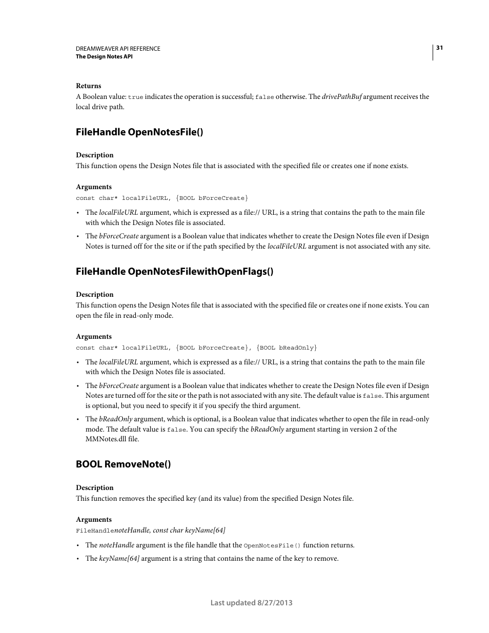 Filehandle opennotesfile(), Filehandle opennotesfilewithopenflags(), Bool removenote() | Adobe Dreamweaver API Reference CS5 User Manual | Page 36 / 533