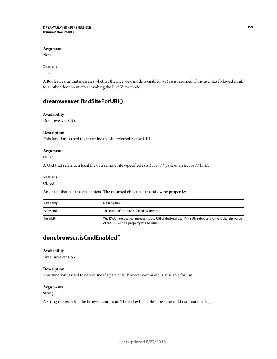 Dreamweaver.findsiteforuri(), Dom.browser.iscmdenabled() | Adobe Dreamweaver API Reference CS5 User Manual | Page 364 / 533