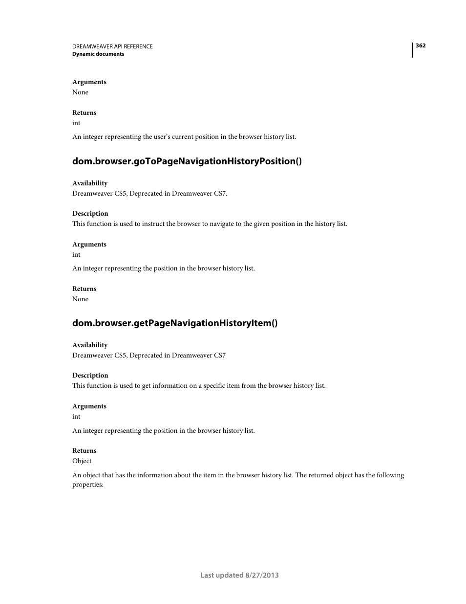 Dom.browser.gotopagenavigationhistoryposition(), Dom.browser.getpagenavigationhistoryitem() | Adobe Dreamweaver API Reference CS5 User Manual | Page 367 / 533