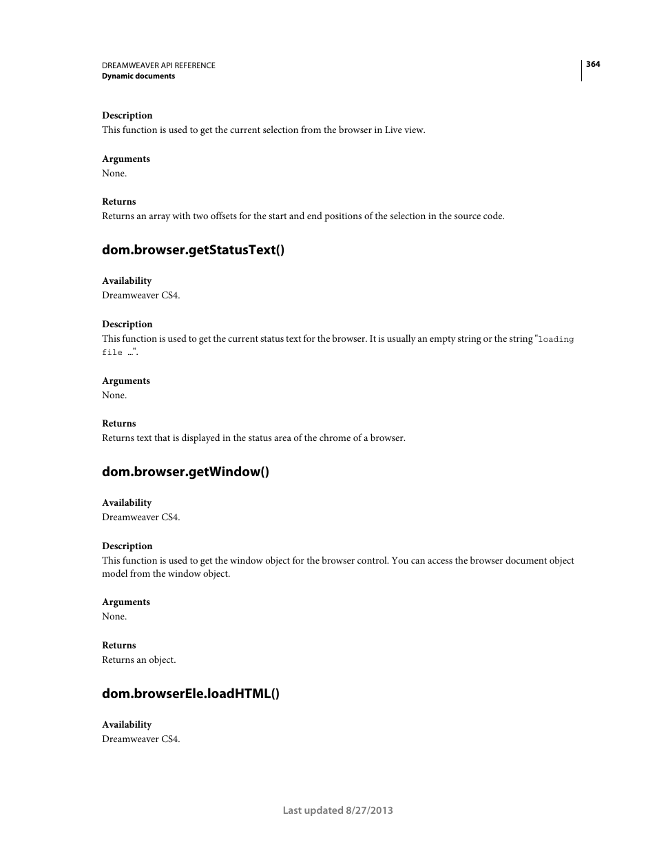 Dom.browser.getstatustext(), Dom.browser.getwindow(), Dom.browserele.loadhtml() | Adobe Dreamweaver API Reference CS5 User Manual | Page 369 / 533