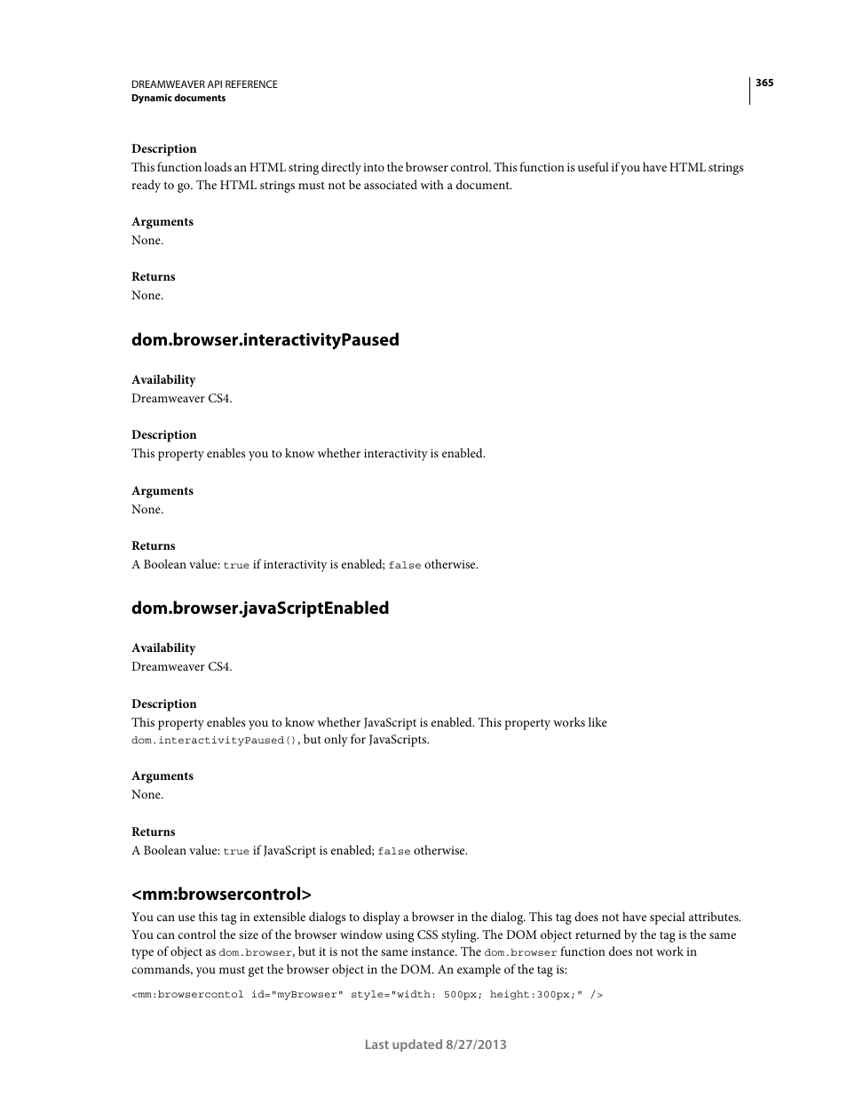 Dom.browser.interactivitypaused, Dom.browser.javascriptenabled, Mm:browsercontrol | Adobe Dreamweaver API Reference CS5 User Manual | Page 370 / 533