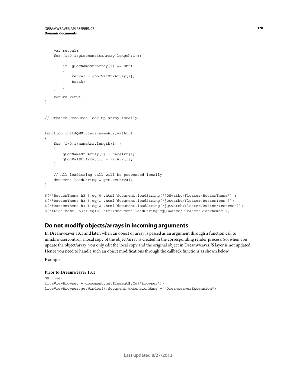 Do not modify objects/arrays in incoming arguments | Adobe Dreamweaver API Reference CS5 User Manual | Page 375 / 533
