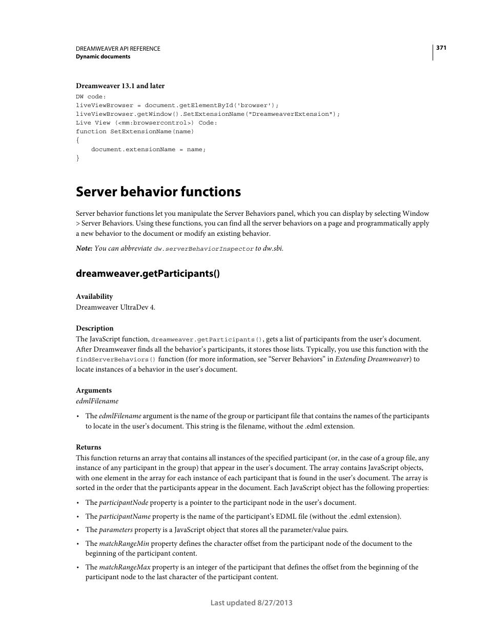 Server behavior functions, Dreamweaver.getparticipants() | Adobe Dreamweaver API Reference CS5 User Manual | Page 376 / 533