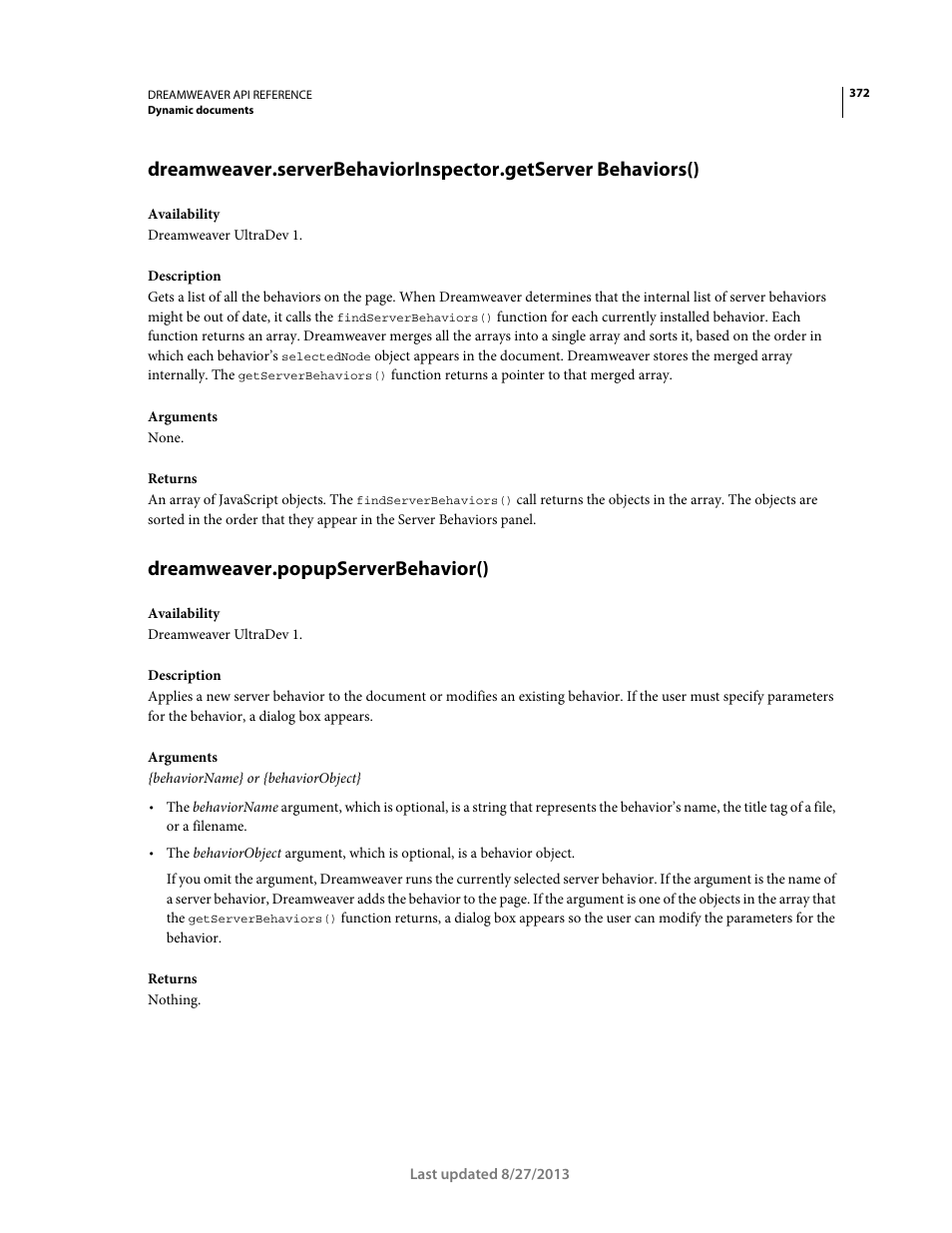 Dreamweaver.popupserverbehavior() | Adobe Dreamweaver API Reference CS5 User Manual | Page 377 / 533
