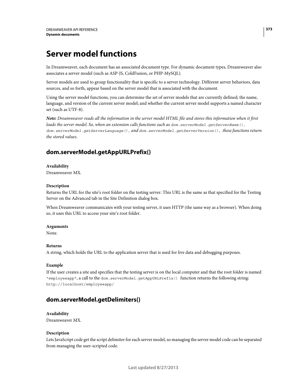 Server model functions, Dom.servermodel.getappurlprefix(), Dom.servermodel.getdelimiters() | Adobe Dreamweaver API Reference CS5 User Manual | Page 378 / 533