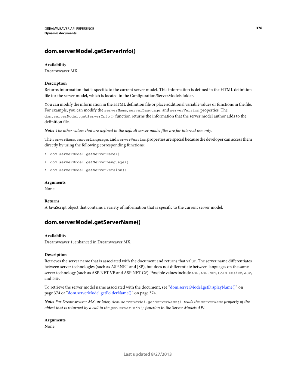Dom.servermodel.getserverinfo(), Dom.servermodel.getservername() | Adobe Dreamweaver API Reference CS5 User Manual | Page 381 / 533