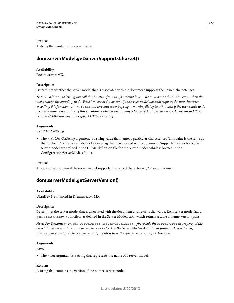 Dom.servermodel.getserversupportscharset(), Dom.servermodel.getserverversion() | Adobe Dreamweaver API Reference CS5 User Manual | Page 382 / 533